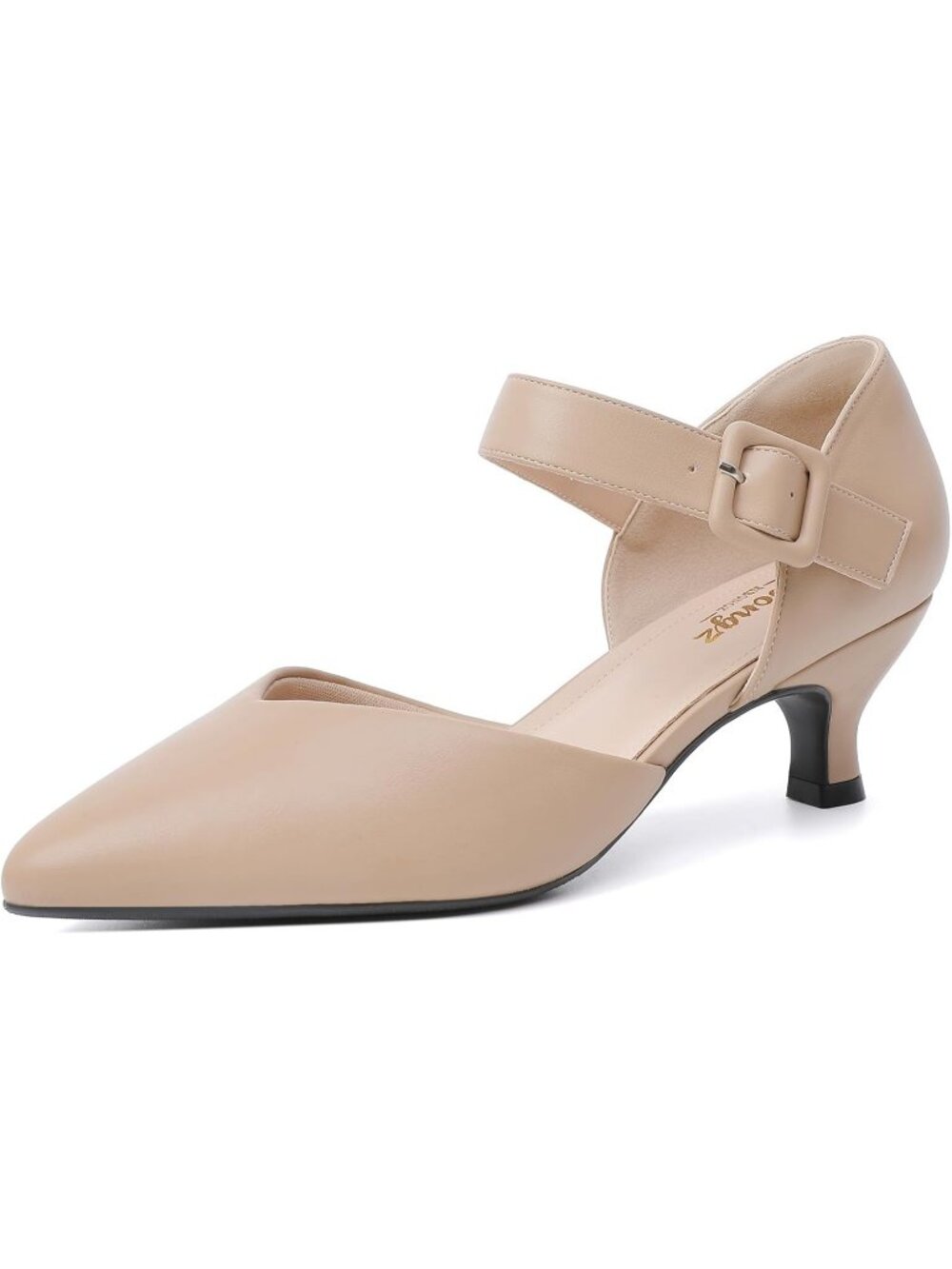 Women's Nude Closed Pointed Toe Ankle Strap Buckle Heels Slip on Low Heel Shoes